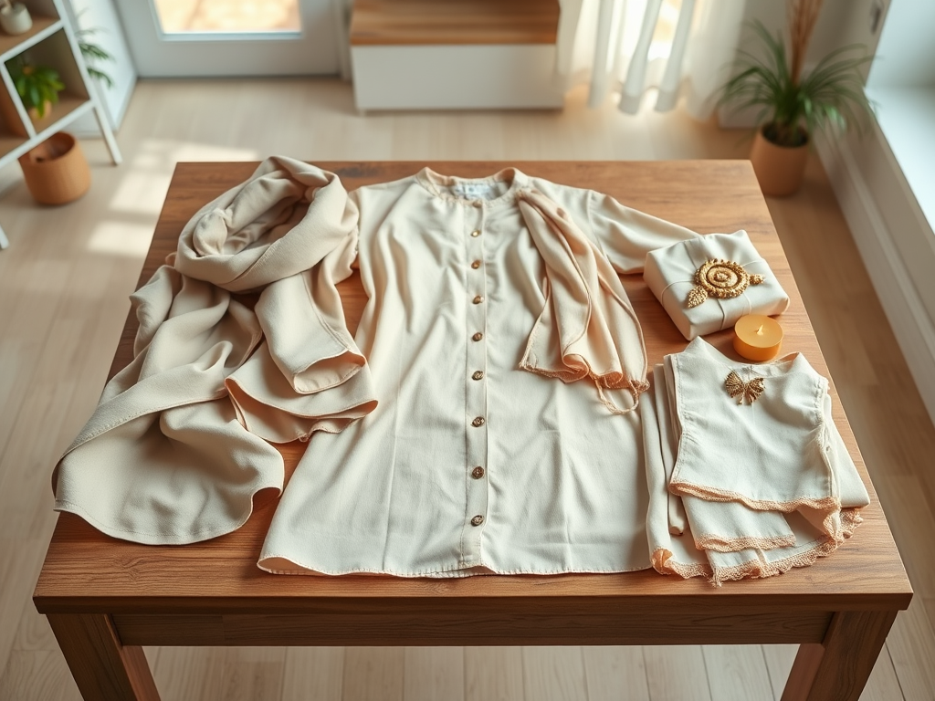 Een tafeldisplay met beige kledingstukken, waaronder een blouse, sjaals en een kaars op een houten tafel.