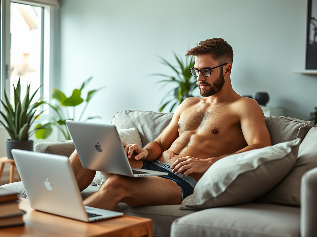 Een man zonder shirt zit op de bank met twee laptops, omgeven door planten en een gezellige woonkamer.