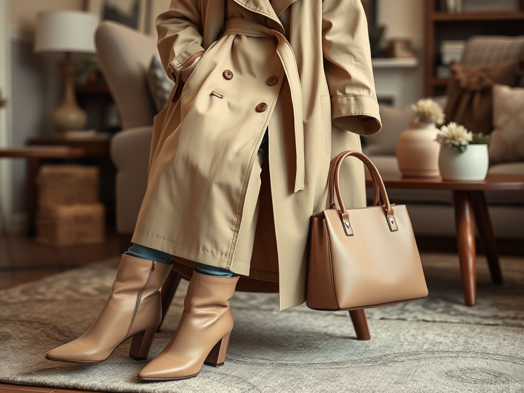 Een persoon in een beige trenchcoat met leren laarzen en een handtas staat op een vloerkleed in een woonkamer.