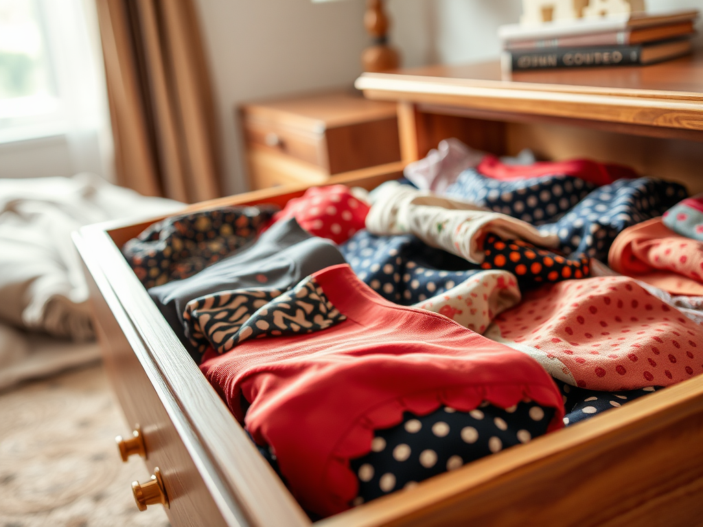 Een open lade gevuld met kleurrijke, gestreepte en stippenkleding in een gezellige kamer.