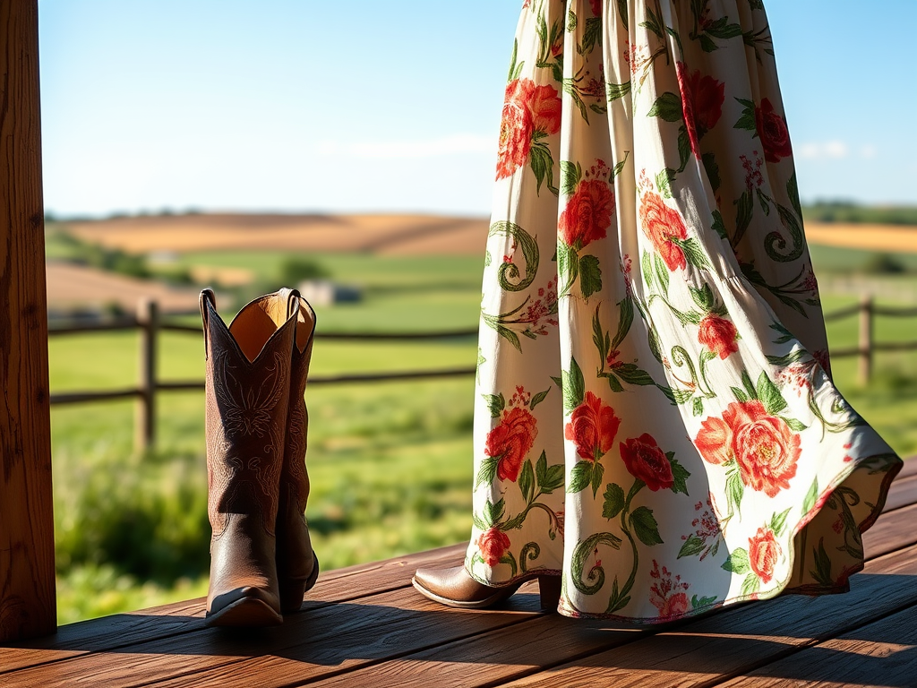 Een vrouw in een bloemige jurk staat op een veranda, naast een leren cowboylaars. Groene velden zijn op de achtergrond.