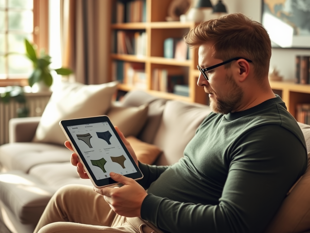 Een man zit op een bank en bekijkt verschillende onderbroeken op een tablet in een gezellige woonkamer.