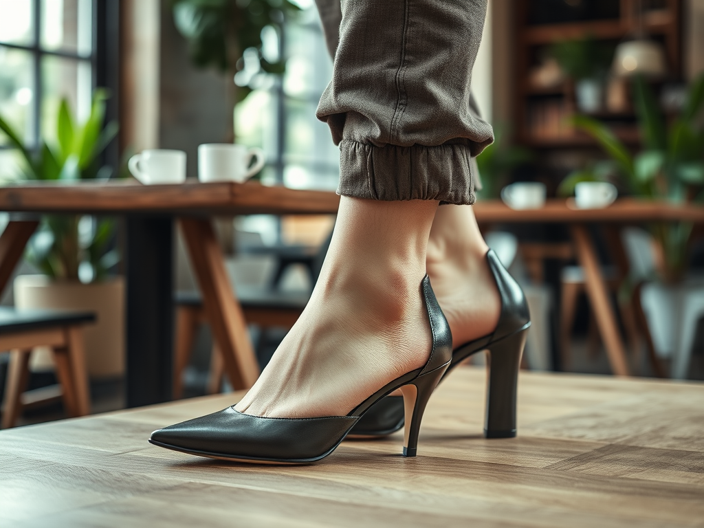Een close-up van een voet in een elegante zwarte hak, op een houten vloer in een moderne caféomgeving.