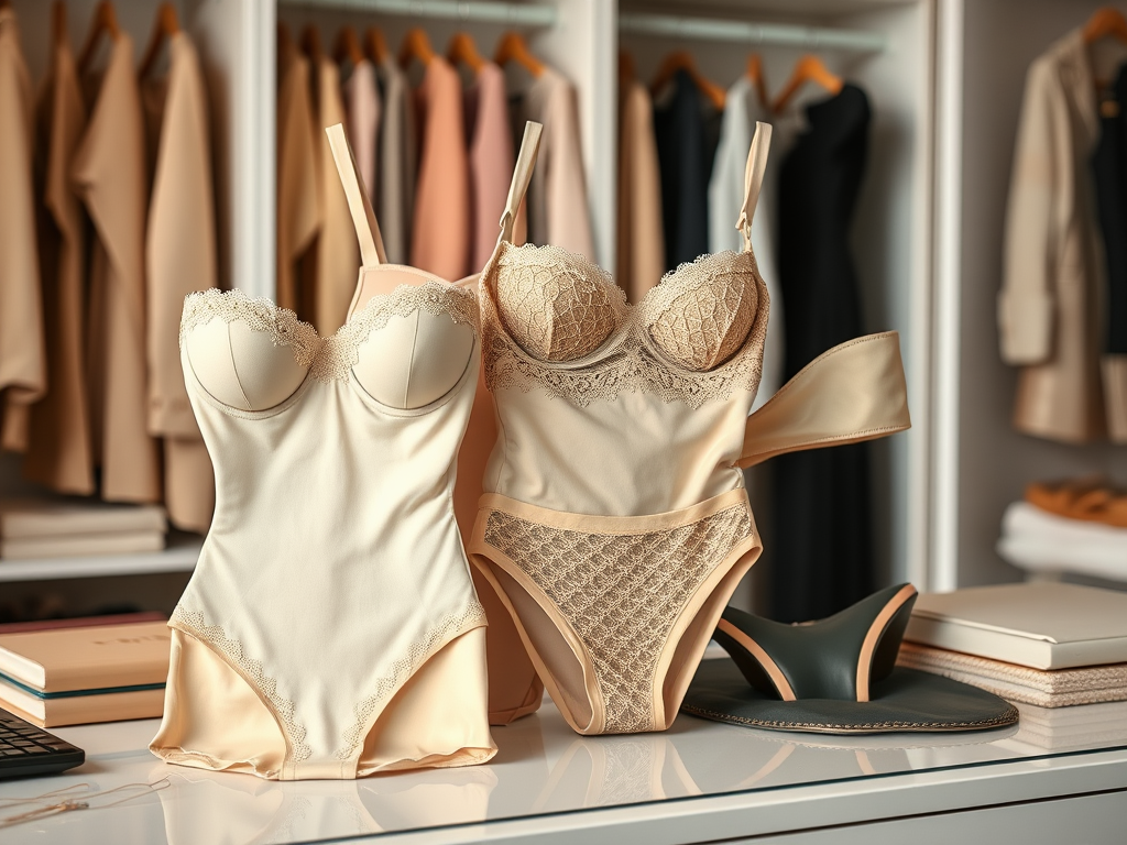 Twee elegante lingeriesets en een paar slippers liggen op een tafel, omringd door kleding in een kast.