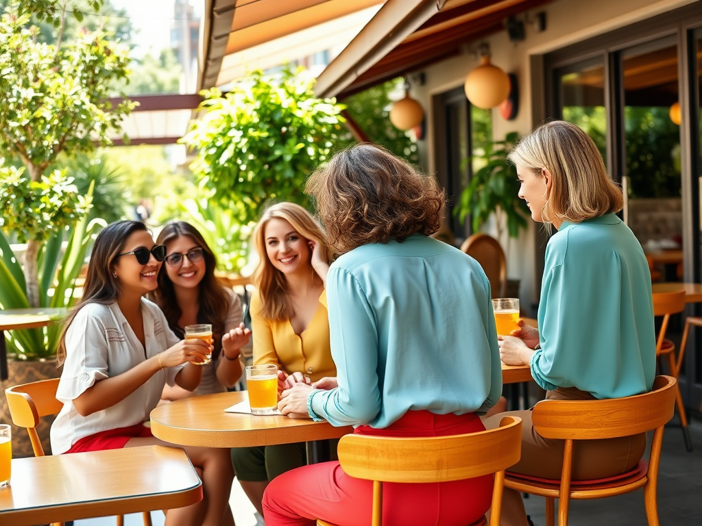 Vijf vrouwen zitten gezellig samen op een terras en genieten van drankjes in de zon.