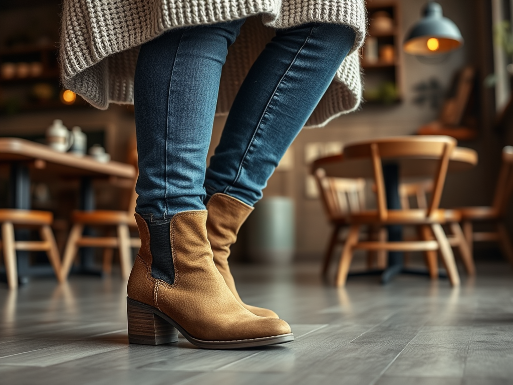 Een close-up van schoenen met een hoge hak, gedragen met strakke jeans in een gezellige caféomgeving.